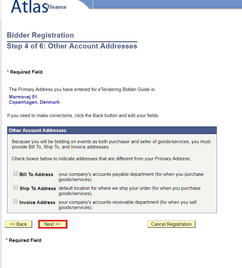 Action 3: Register Bidder Profile Details Step 4: Add other company addresses