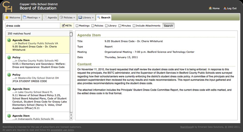 Chapter 3 The BoardDocs Interface Search Panel The Search panel provides you with the ability to perform global searches across all document types on your BoardDocs site.