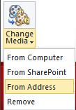 I) Selecting the Change Media buton will bring forth four drop down menu items. Selecting one will allow for linking of the video file. i. From Computer - will upload the media file from your computer onto SharePoint and link to it.