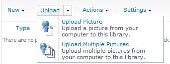 D) Click on the Upload menu option and select to upload a single or multiple pictures.