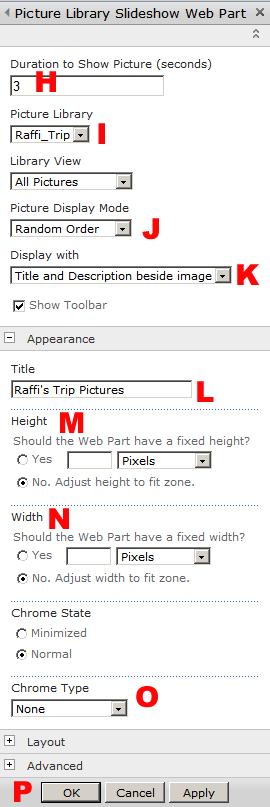 G) Hover over the right end of the web part. Click on the drop down arrow, select Edit Web Part H) Type a numerical value for how long you want the pictures to stay on before rotating.