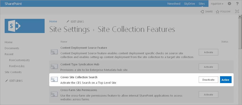 To activate or deactivate the Coveo search box in a SharePoint 2010 site 1. Using a browser, access the SharePoint site into which you want to change the state of the Coveo search box.