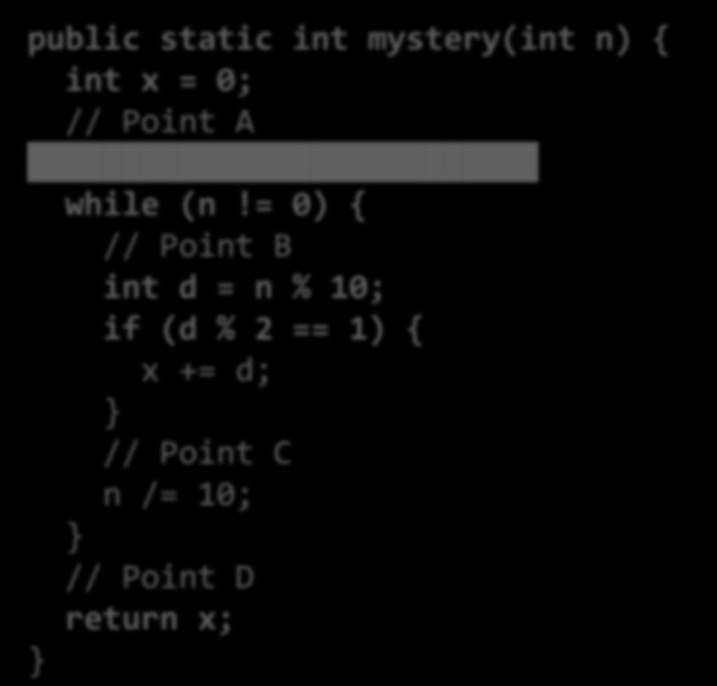 An extended example: mystery public static int mystery(int n) { int x = 0; // Point A if (n < 0) {