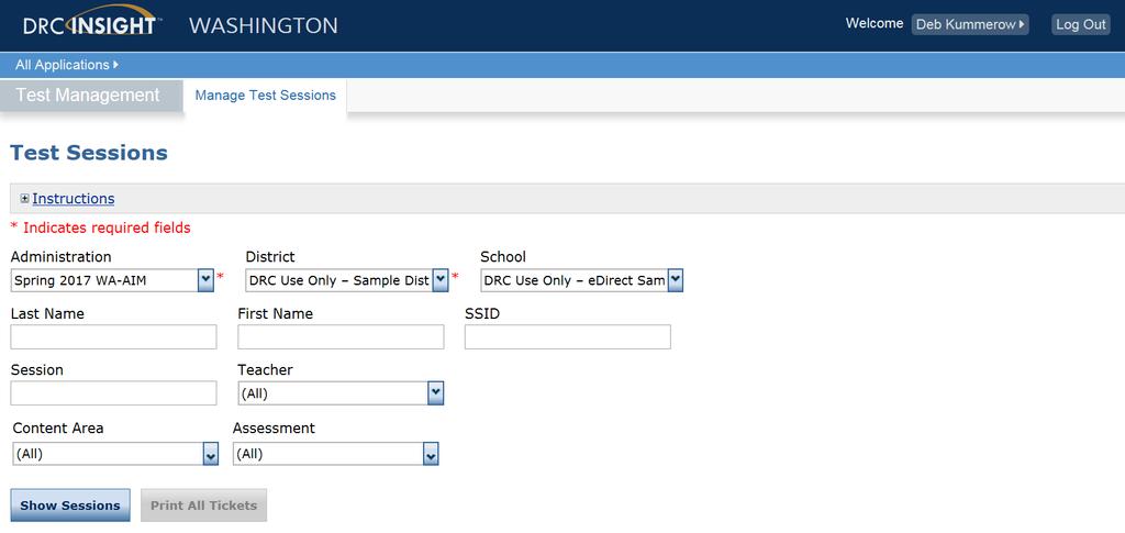 4. To access the test session roster in edirect, go to the Test Management menu and select Manage Test Sessions.