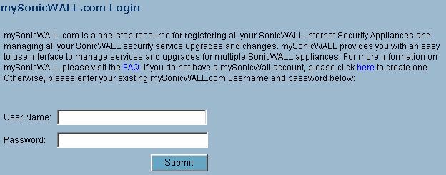 4. In the mysonicwall.com Login page, click the here link in If you do not have a mysonicwall account, please click here to create one. The mysonicwall.com account form is displayed. 5.
