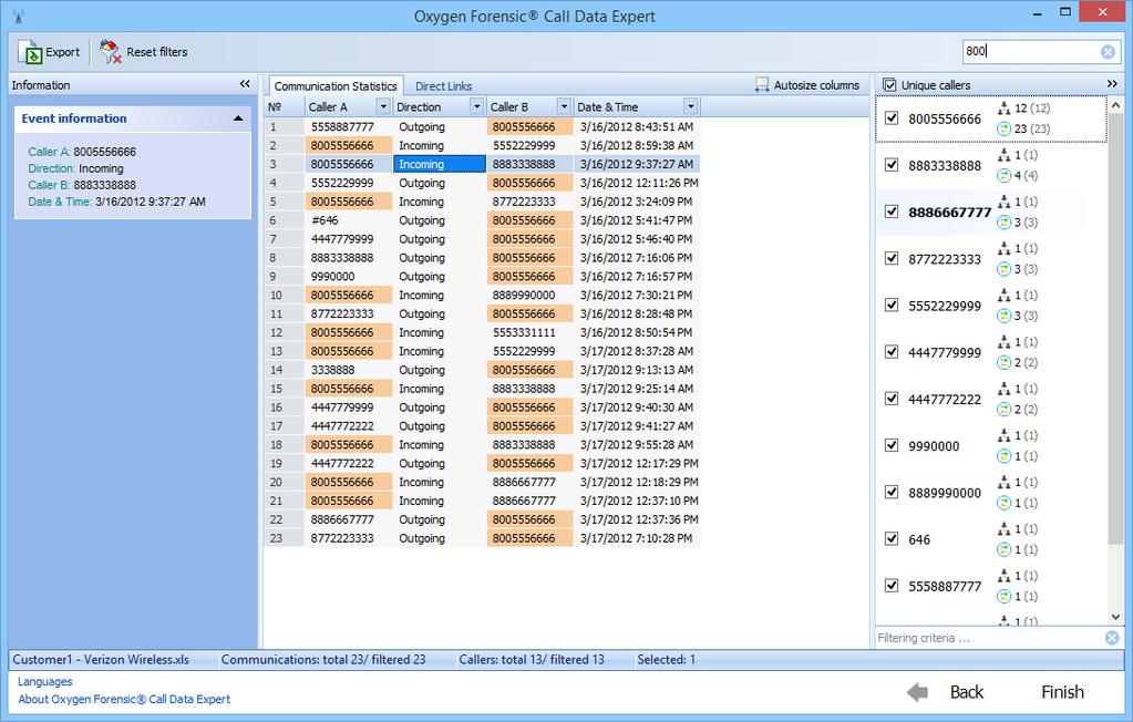 14 Oxygen Forensic Call Data Expert The information pane provides the information for the selected event.