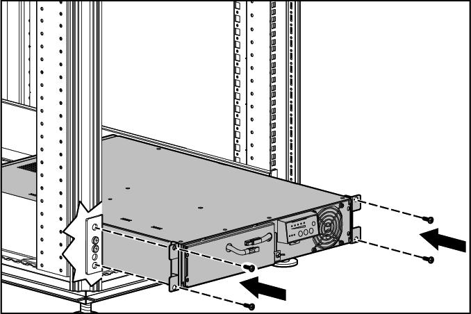 Attaching the UPS front bezel 3. With one person on each side, lift the chassis to rail level and slide the chassis on the mounting rails. 4. Attach the chassis to the rack using the supplied screws.