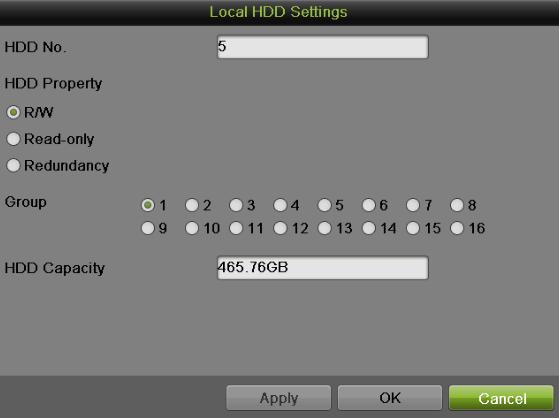 To configure local HDD settings by going to Menu > System Configuration > HDD > HDD Information. 1) Select a HDD and click to pop up the Local HDD Settings menu as shown in Figure 200.