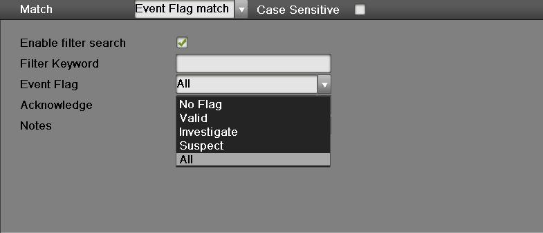 Event Flag match Click to select Event Flag match, and then type in the attributes of the POS Events you want to be searched,