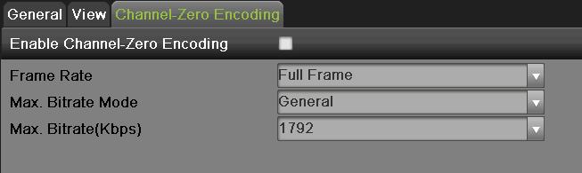 Figure 70 Channel-Zero Encoding Menu 3. Check the checkbox to enable channel-zero encoding. 4. Set the Frame Rate, Max. Bitrate 