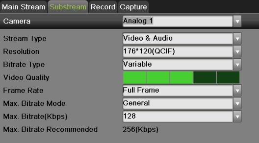 4) Select the camera resolution in the Resolution dropdown list. 5) Select the bit rate type in the Bitrate Type dropdown list.