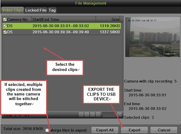 Figure 97 Clips Export Interface 2. If video clips were successfully saved to the HDD using the Playback Interface, they will be listed in the Clips Export interface.