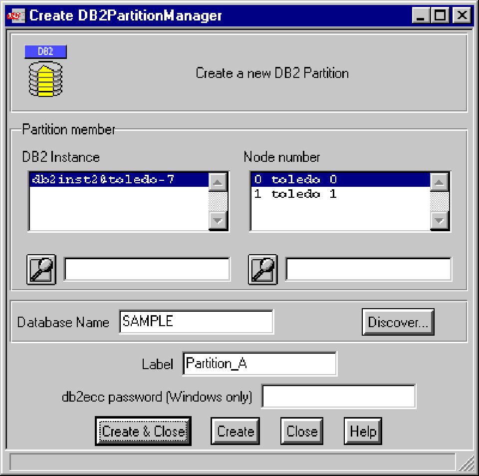 Figure 10. Create DB2PartitionManager dialog box 3. Select the DB2 instance that contains the database from the DB2 Instance list. 4.