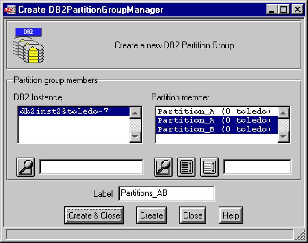 Desktop: 1. Double-click the policy region icon to display the Policy Region dialog box. 2. Click Create and select DB2PartitionGroup to display the Create DB2PartitionGroupManager dialog box.
