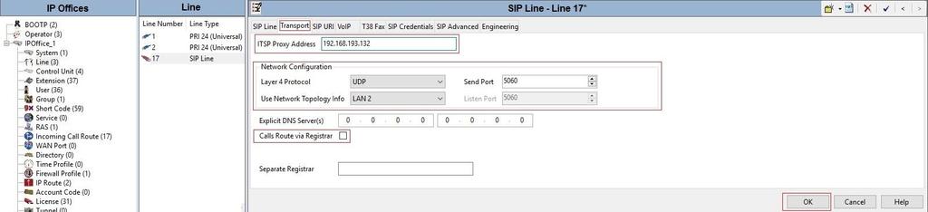 On the Transport tab in the Details Pane, configure the parameters as shown below: The ITSP Proxy Address was set to the IP address of EarthLink Signaling Server: 192.168.193.132.