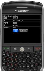 ADDING A DVR SITE 1. Open the OpenEye MDVR program. Applications>MDVR. 2. Click the trackball to initialize the MDVR program. 3. Click the Blackberry Menu key. 4.