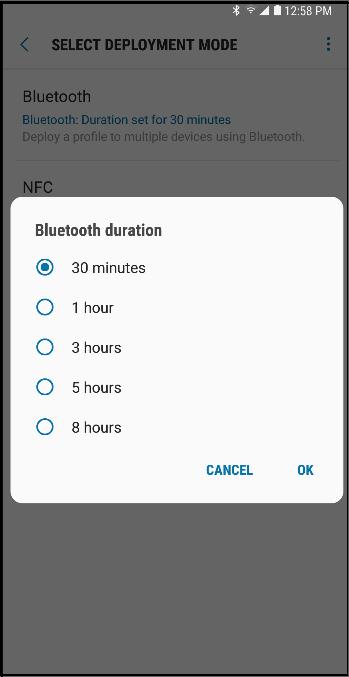Bluetooth Deployment Once profiles are set on the master admin device, the IT admin needs to set Bluetooth as the deployment mode and define the Bluetooth duration interval.