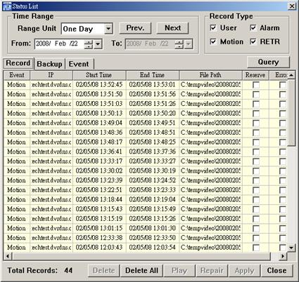 REMOTE OPERATION Record Select Record to search for the specific log(s) by date or by record type.