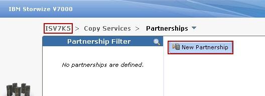 Create partnership for storage systems (recovery site) This section describes the partnership configuration on the IBM Storwize V7000