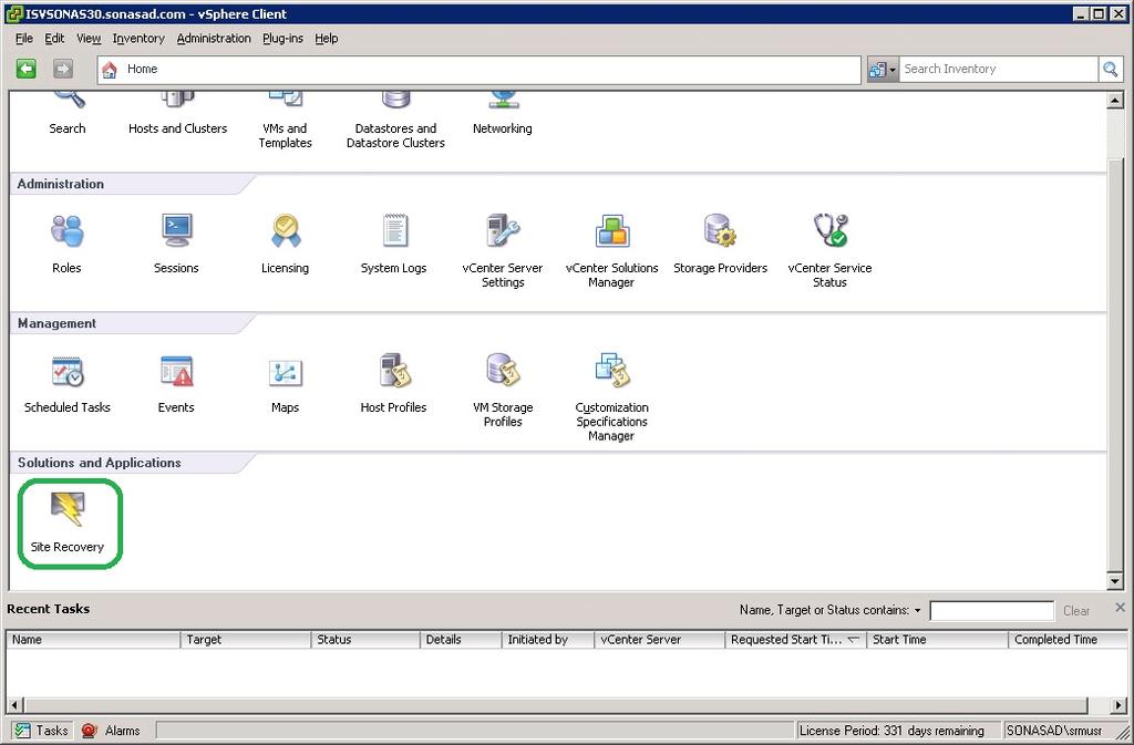 Figure 59: Site Recovery Manager plug-in Connect the protected and recovery sites It is important to connect the protected and the recovery sites before using VMware Site Recovery Manager.