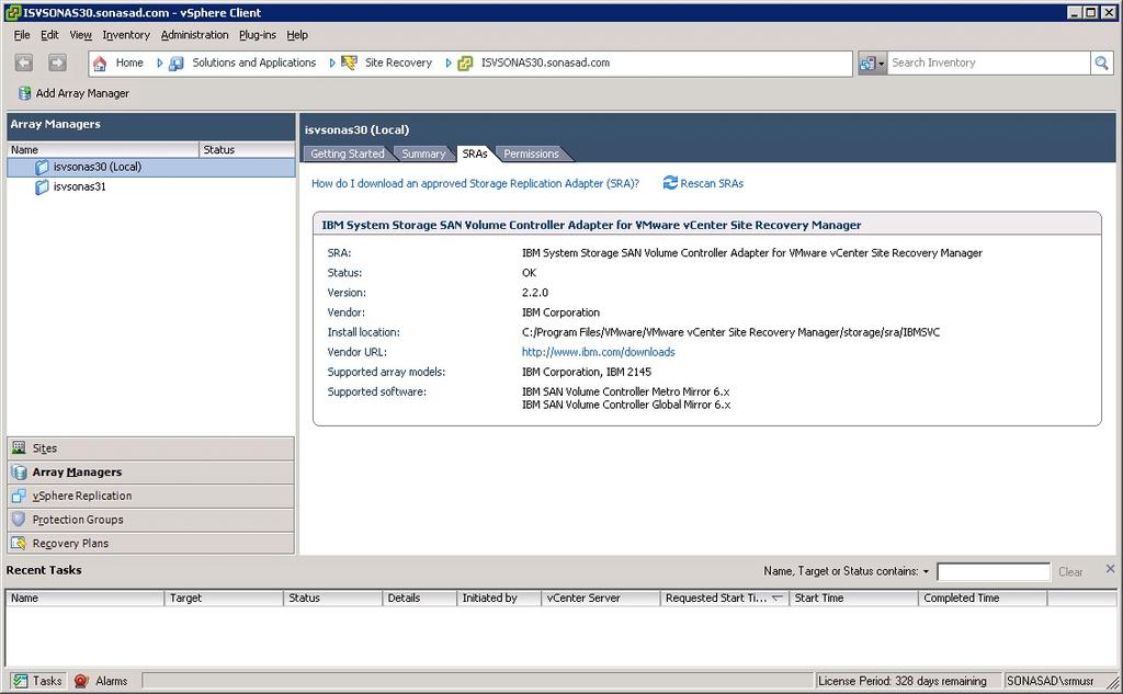 4. Using vsphere client, connect to Site Recovery Manager and select the array managers in the left pane. Click the SRAs tab and click Rescan SRAs.