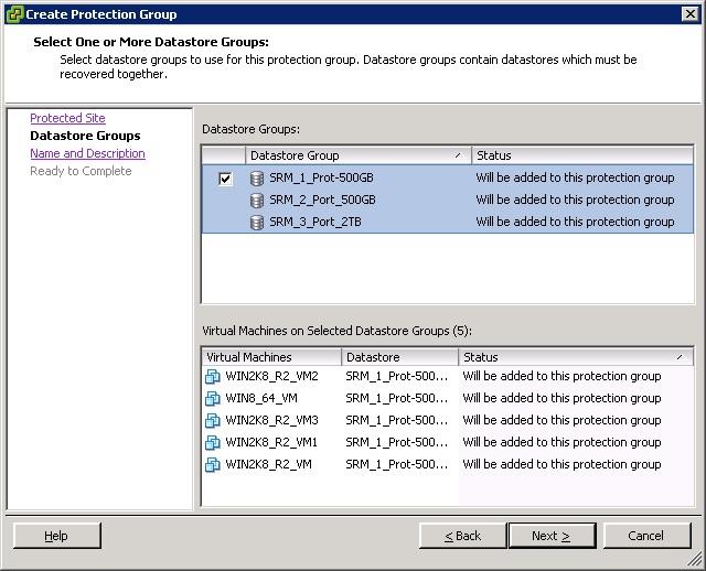 4. Select the data store group from the list and click Next (as shown in Figure 68). Figure 68: Select One or More Datastore Groups page 5.