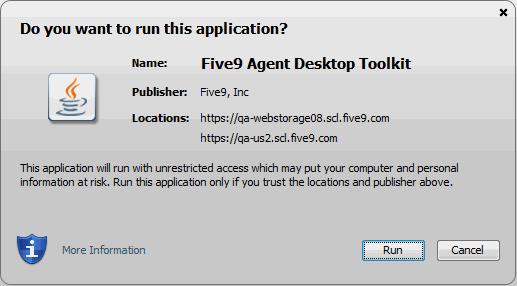 Continue. 8 To install the Five9 Agent Desktop Toolkit, click Run.