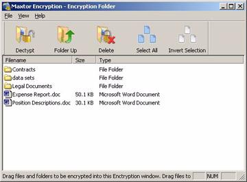 Your encrypted folder opens: Figure 27: Encrypted Folder Step 6: Drag files and folders into your encrypted folder as you would into any folder: Figure 28: Maxtor Protector Encrypted Folder Populated