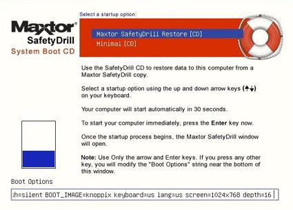 The Maxtor SafetyDrill Startup Options window opens: Figure 8: Maxtor SafetyDrill Startup Options Step 5: Use the