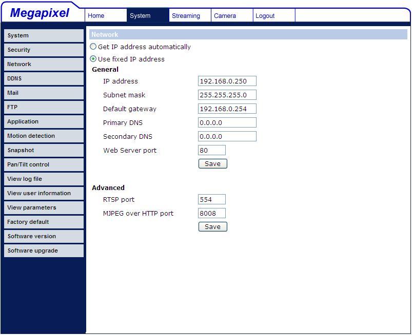 4.3.3 Network Click <Network> in the left column, and the page will display as shown below.