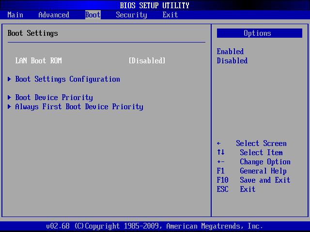 Boot Settings The setting, LAN Boot ROM [Enable/Disable] enables the built-in PXE LAN remote boot rom.