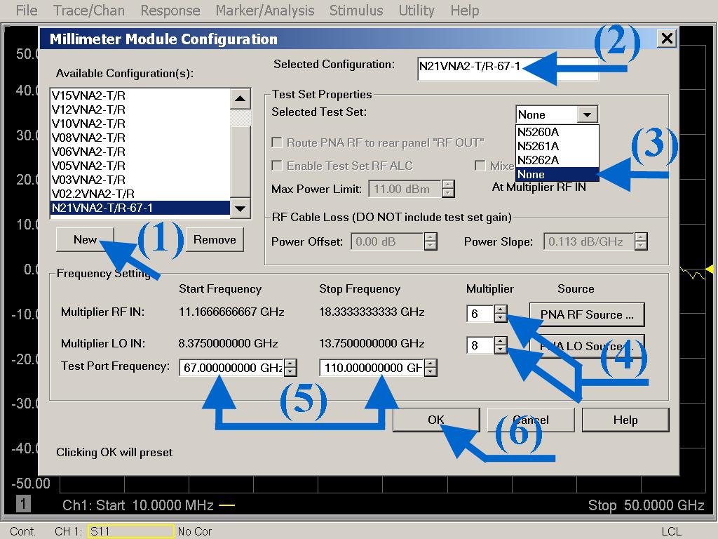 Millimeter Module Configuration By default, the PNA will display in this Millimeter Module Configuration the default Start & Stop Frequency of the vector network analyzer.