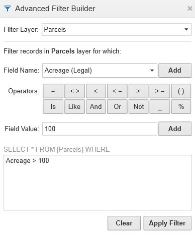 If you wanted to filter the data so that all features that don t meet these criteria are NOT shown, you would use the Advanced Filter Builder and it would look something like this: All parcels that