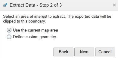 2. Choose Use the current map area to export everything in the current view or Define custom geometry to select a specific area of interest.