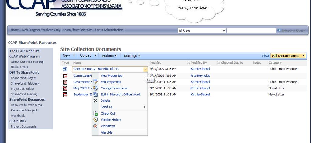 The Window below shows the view of the Site Collection Documents document library. e.