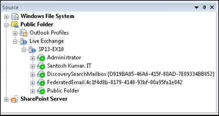 11. Now, the Source pane displays the added live Exchange Server under the node "Live Exchange". 12. The Exchange Server now lists all of its mailboxes. Figure 39