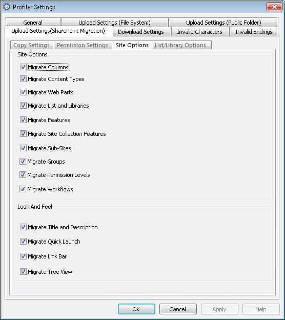 Figure 102: Site Options for SharePoint Migration Here, you can select what objects have to be migrated or excluded during a SharePoint to SharePoint Migration.