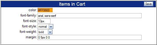 Padding: padding for the page numbers on the navigation bar. Width: percent value of the width of the navigation bar. Items in Cart Color: color of the items in shopping cart text.