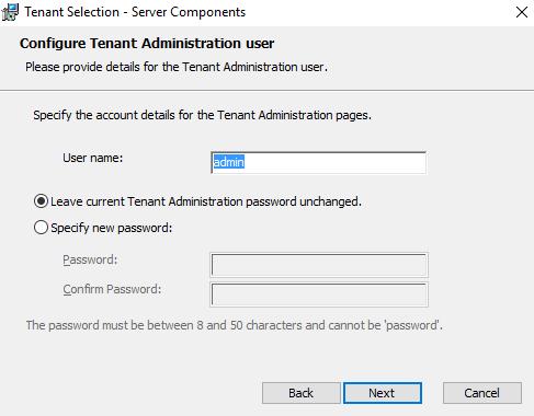 If you have already specified a password other than password for the tenant administration area, you can leave this form with default values, or modify