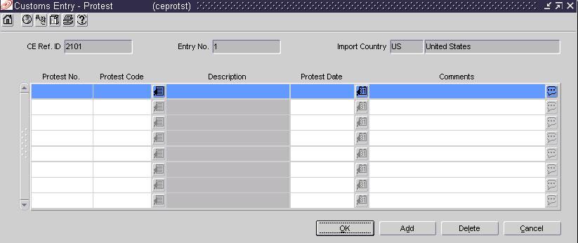 Chapter 6 Customs entry 69 Add a protest to a customs entry Navigate: From the main menu, select Inventory > Customs Entry. The Customs Entry Search window is displayed.