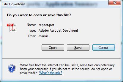 -Upon selecting the preferred location, end user must click on the <Save> button. <PDF>- When clicked, the end user will be prompted by the browser to open or save the file (see figure 3.3). Figure 3.