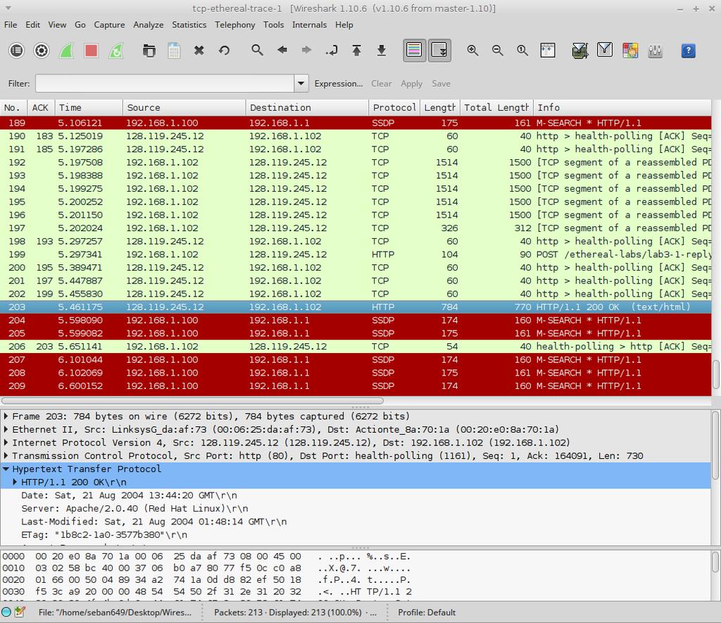 Wireshark s GUI Menu Display filter Listing of captured packets