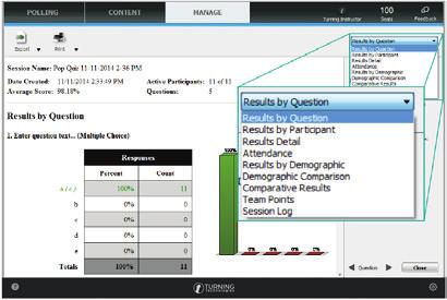 Self-Paced Polling After the Test Generating Reports 1. From the TurningPoint dashboard, select the Manage tab. 2. Select the saved session from the left panel. 4.