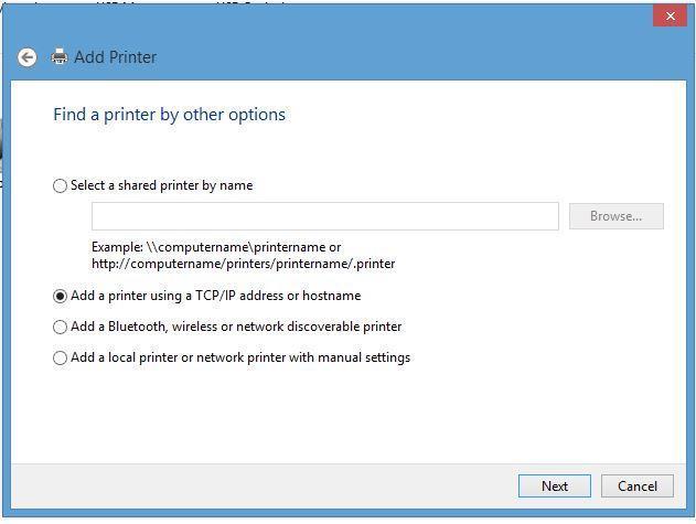 Click on Add a printer using a TCP/IP address or hostname radio button. Click on the Next button 12.