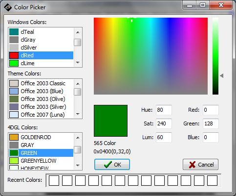 Click on the BGColor line property: Manual values can also be set for Hue-Saturation-Luminance or Red- Green-Blue components. Select Green under 4DGL Colours and then click OK.