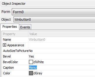 Add a button to the form, WinButton0: Select WinButton0 and rename it to Menu: The Button object generates the event onchanged when pressed.