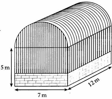 Exercise 10 1) A storage barn is prism shaped, as shown below. The cross-section of the storage barn consists of a rectangle measuring 7 m by 5 m and a semi-circle of radius 3 5 m.