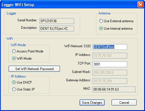 4) Select the Access Point Mode radio button in the Wi-Fi Mode section of the dialog box. 5) Click Set Logger s Web Server Password. The Set Logger s Web Server Password dialog box displays.