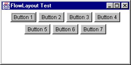 The FlowLayout Class Suppose that a frame containing seven buttons uses FlowLayout as its layout