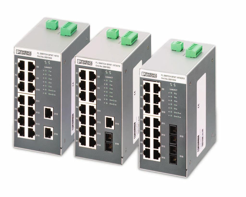 16-Port Standard Function Ethernet Switches for Normal and Extreme Environments AUTOMATION Data Sheet 2806_en_C 1 Description PHOENIX CONTACT 2011-06-28 2 Features and Benefits The FL SWITCH SFN(T)